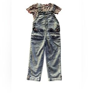 Little Lass Girls Leopard Print Top Denim Jeans Overall Set Cat Pockets Sz 4 NWT